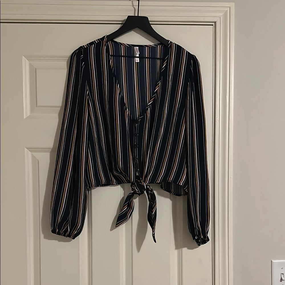 Xhilaration Navy Striped Tie-Front Blouse